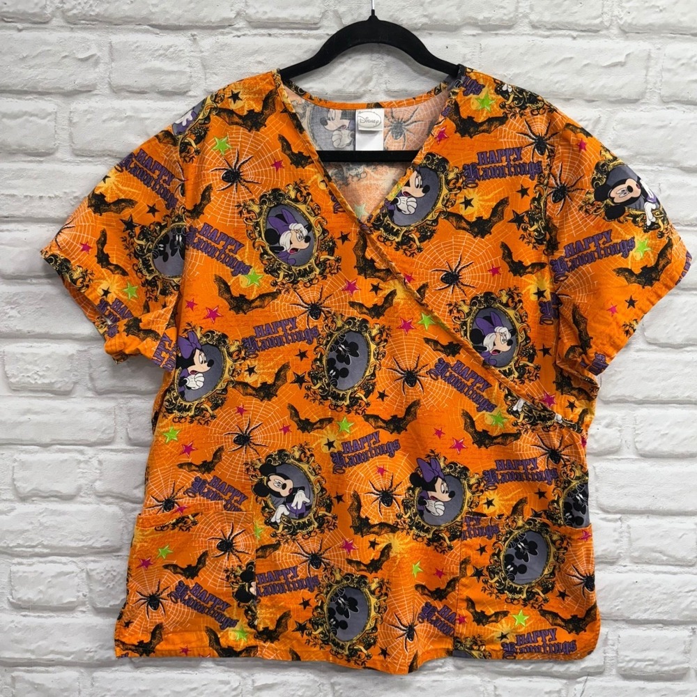 Disney Mickey Minnie Mouse Spooky Halloween Orange Scrub Top Women's Size L / XL